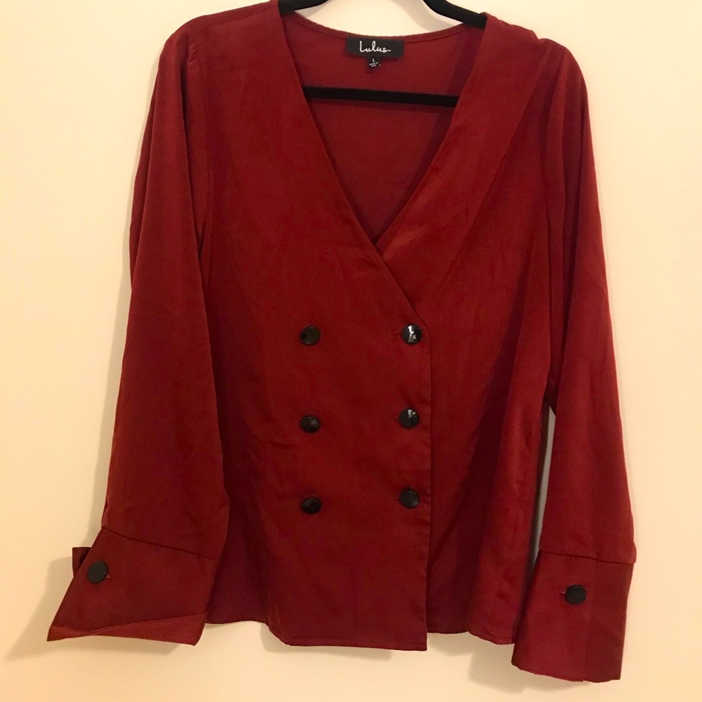 Lulus red silk black button blouse